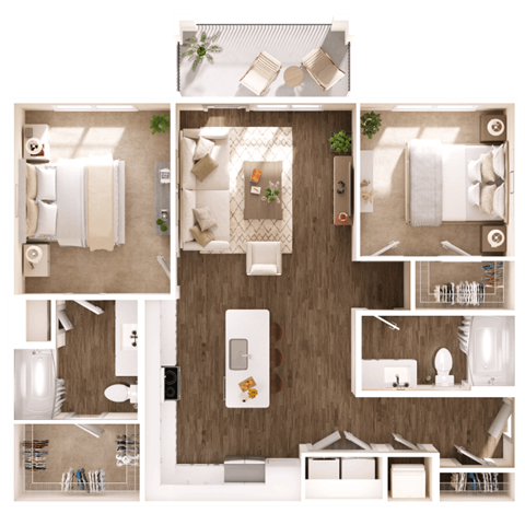 a 3d floor plan of a bedroom with a bathroom and a living room